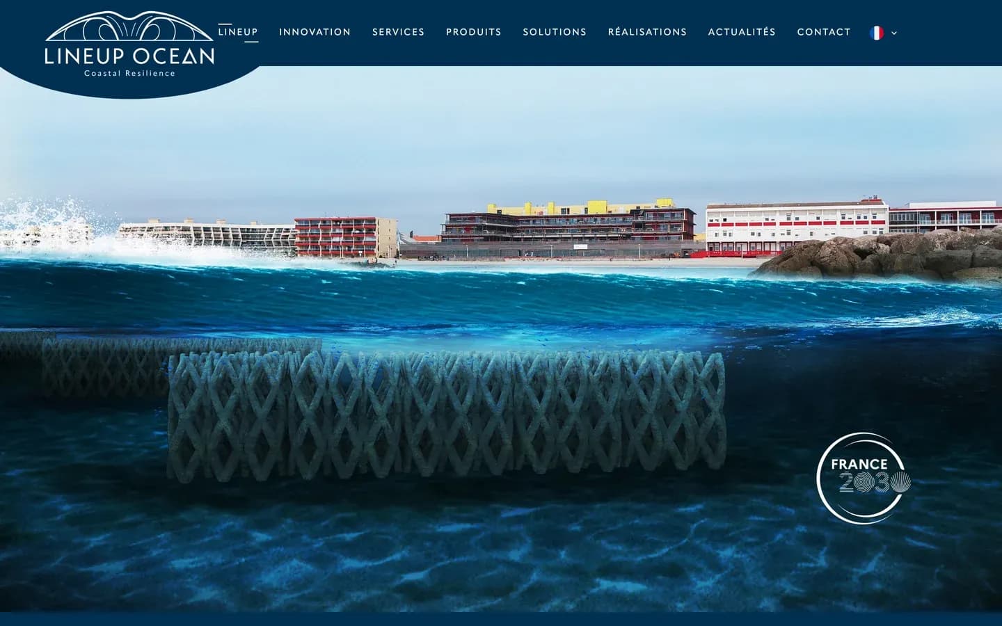 Page d'accueil du site Lineup Ocean sur ordinateur : structure de protection du littoral sous l'eau
